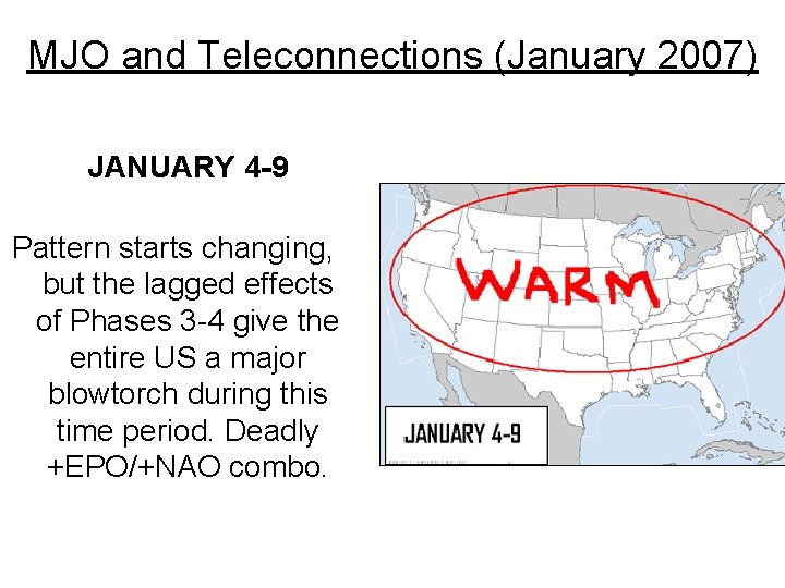 MJO and Teleconnections (January 2007) JANUARY 4 -9 Pattern starts changing, but the lagged