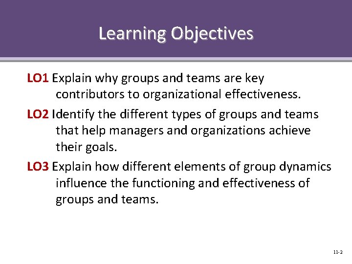 Learning Objectives LO 1 Explain why groups and teams are key contributors to organizational