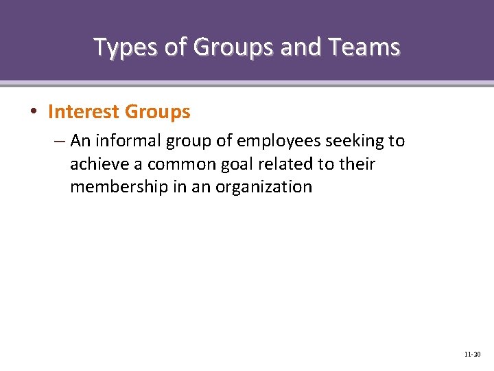 Types of Groups and Teams • Interest Groups – An informal group of employees