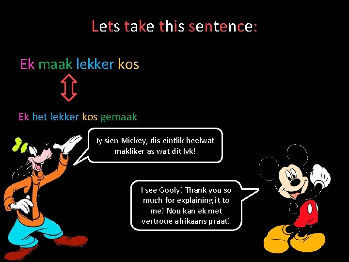 Lets take this sentence: Ek maak lekker kos Ek het lekker kos gemaak Jy