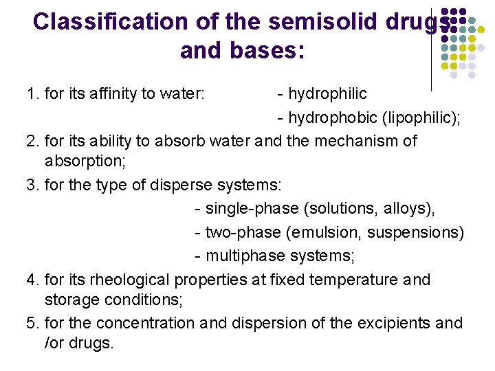 Classification of the semisolid drugs and bases: 1. for its affinity to water: -