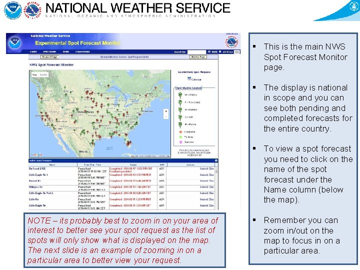 § This is the main NWS Spot Forecast Monitor page. § The display is