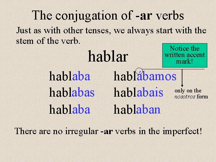 The conjugation of -ar verbs Just as with other tenses, we always start with The conjugation of -ar verbs Just as with other tenses, we always start with