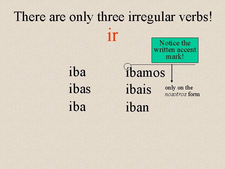 There are only three irregular verbs! ir ibas iba Notice the written accent mark! There are only three irregular verbs! ir ibas iba Notice the written accent mark!