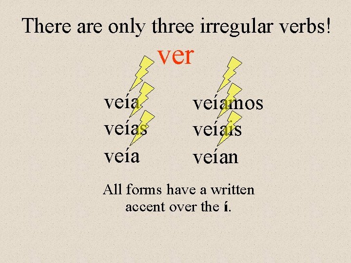 There are only three irregular verbs! ver veías veíamos veíais veían All forms have There are only three irregular verbs! ver veías veíamos veíais veían All forms have