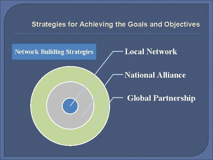 Strategies for Achieving the Goals and Objectives Network Building Strategies Local Network National Alliance