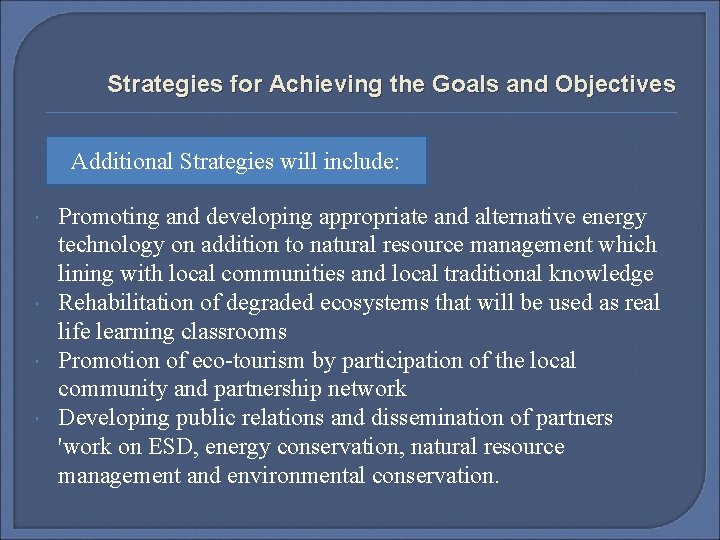 Strategies for Achieving the Goals and Objectives Additional Strategies will include: Promoting and developing