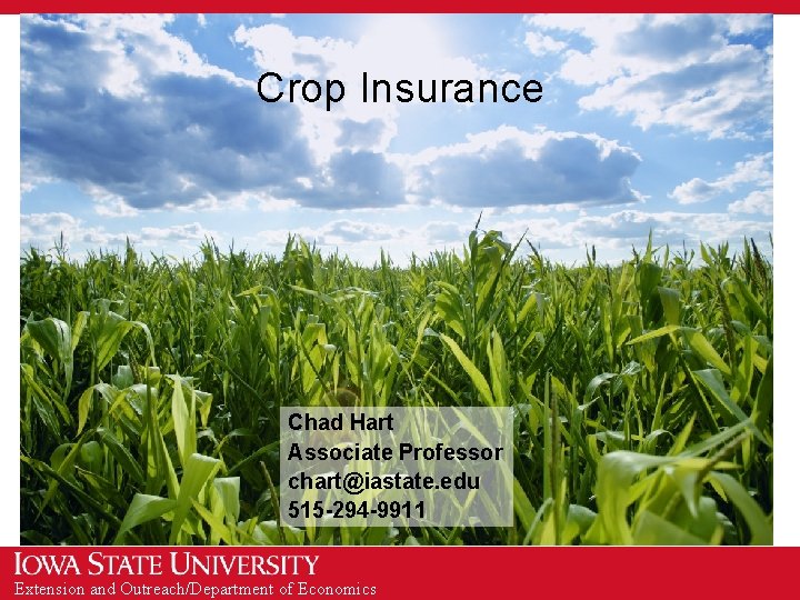 Crop Insurance Chad Hart Associate Professor chart@iastate. edu 515 -294 -9911 Extension and Outreach/Department