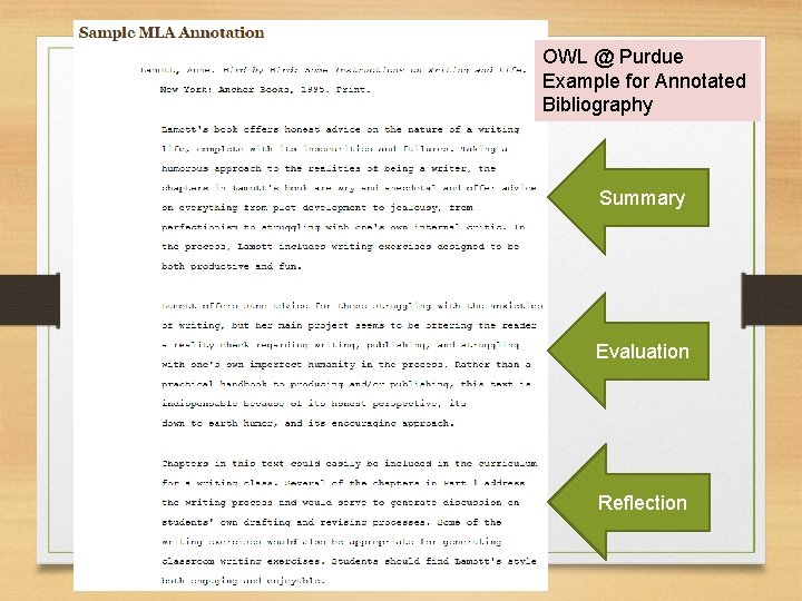 OWL @ Purdue Example for Annotated Bibliography Summary Evaluation Reflection 