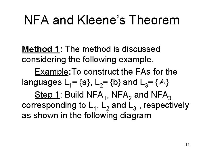 NFA and Kleene’s Theorem Method 1: The method is discussed considering the following example.
