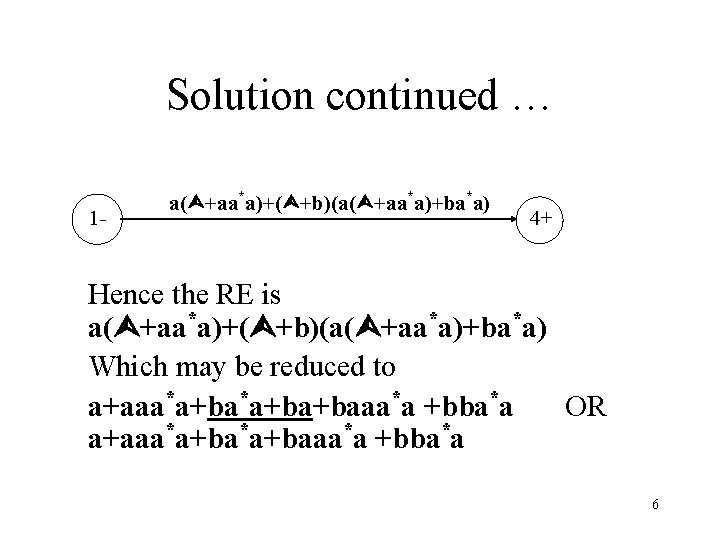 Solution continued … 1 - a( +aa*a)+( +b)(a( +aa*a)+ba*a) 4+ Hence the RE is