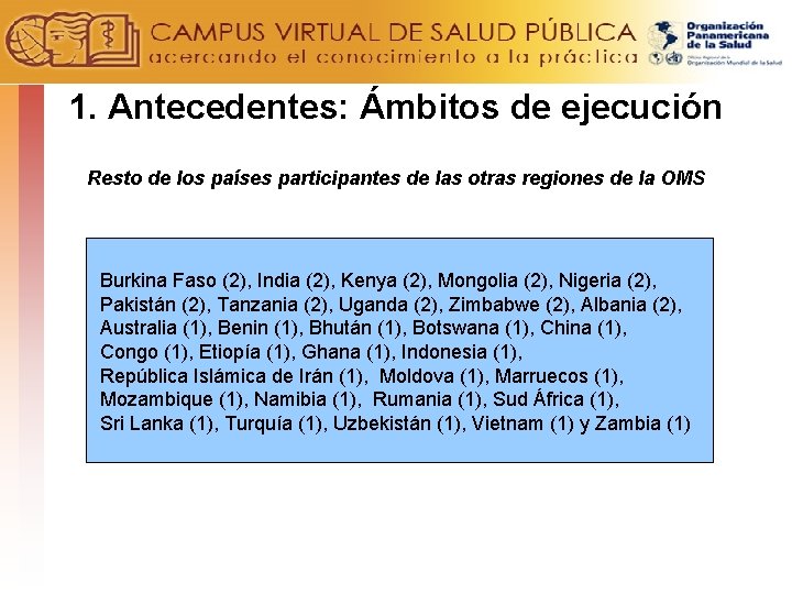 1. Antecedentes: Ámbitos de ejecución Resto de los países participantes de las otras regiones