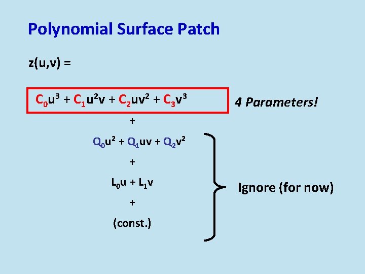 Polynomial Surface Patch z(u, v) = C 0 u 3 + C 1 u