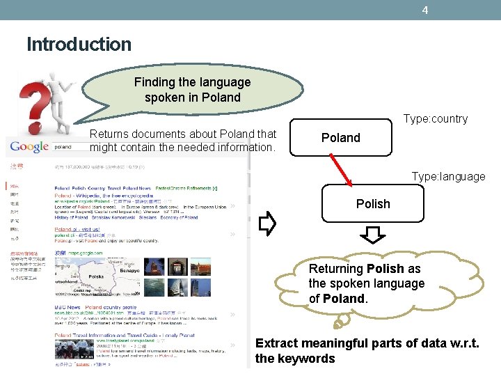 4 Introduction Finding the language spoken in Poland Type: country Returns documents about Poland 4 Introduction Finding the language spoken in Poland Type: country Returns documents about Poland