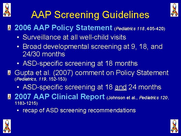 AAP Screening Guidelines 2006 AAP Policy Statement (Pediatrics 118, 405 -420) • Surveillance at