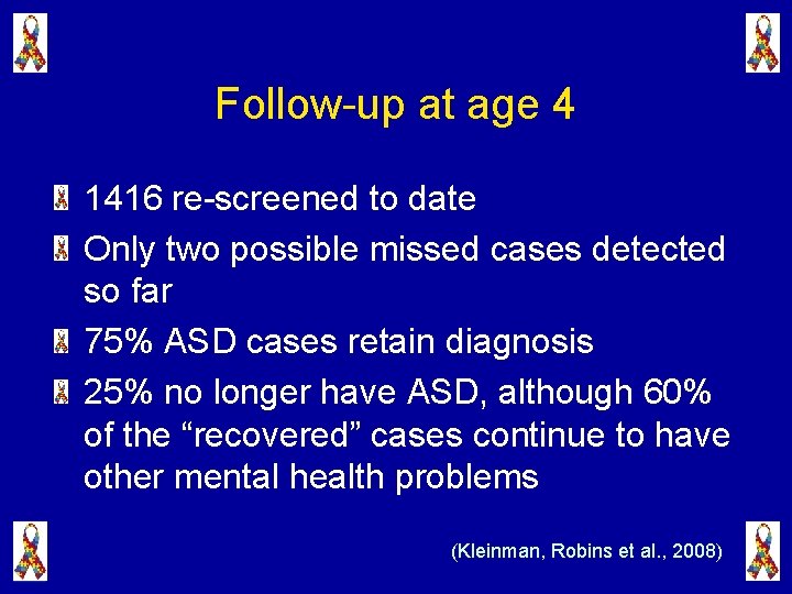 Follow-up at age 4 1416 re-screened to date Only two possible missed cases detected