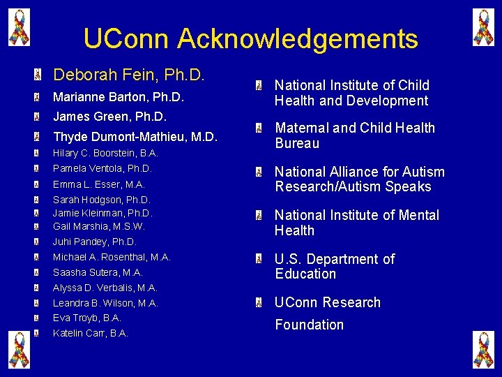 UConn Acknowledgements Deborah Fein, Ph. D. Marianne Barton, Ph. D. James Green, Ph. D.