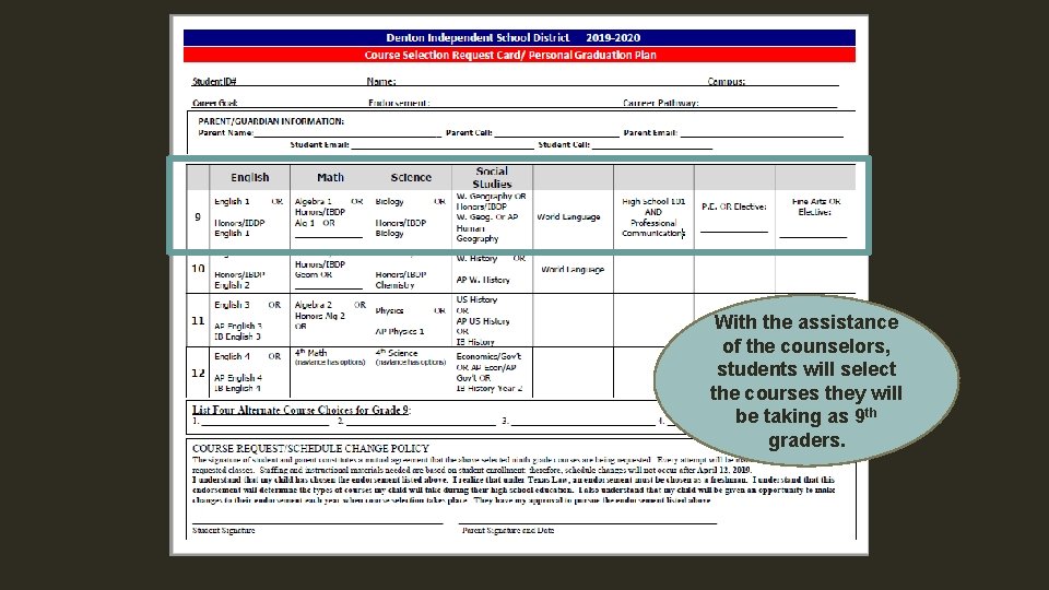 With the assistance of the counselors, students will select the courses they will be