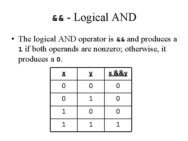 && - Logical AND • The logical AND operator is && and produces a && - Logical AND • The logical AND operator is && and produces a