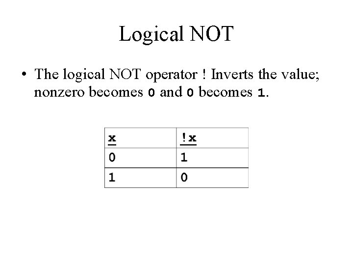 Logical NOT • The logical NOT operator ! Inverts the value; nonzero becomes 0