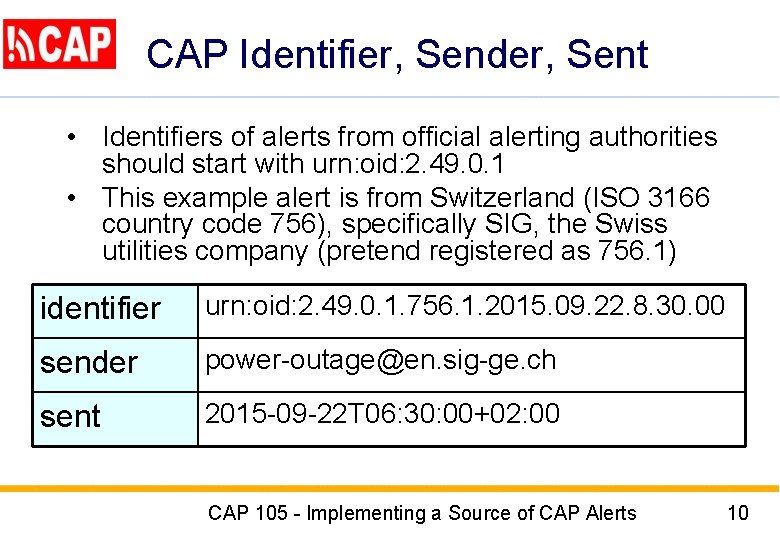 CAP Identifier, Sender, Sent • Identifiers of alerts from official alerting authorities should start