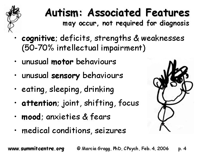 Autism: Associated Features may occur, not required for diagnosis • cognitive; deficits, strengths &