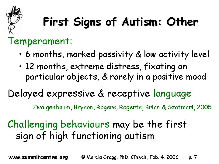 First Signs of Autism: Other Temperament: • 6 months, marked passivity & low activity