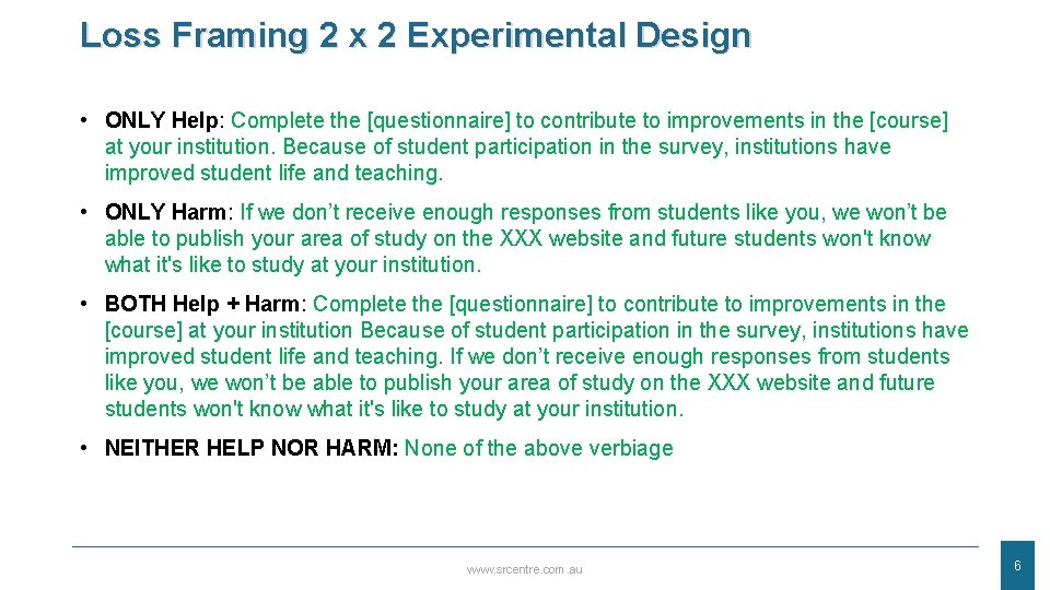 Loss Framing 2 x 2 Experimental Design • ONLY Help: Complete the [questionnaire] to