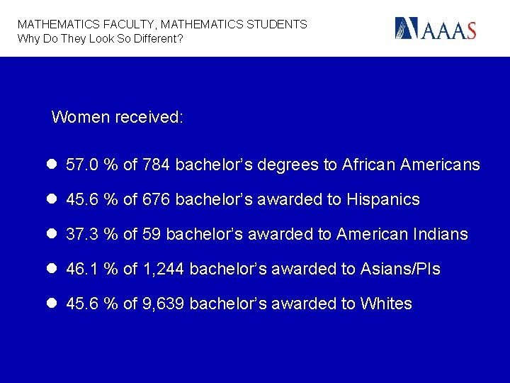 MATHEMATICS FACULTY, MATHEMATICS STUDENTS Why Do They Look So Different? Women received: l 57.