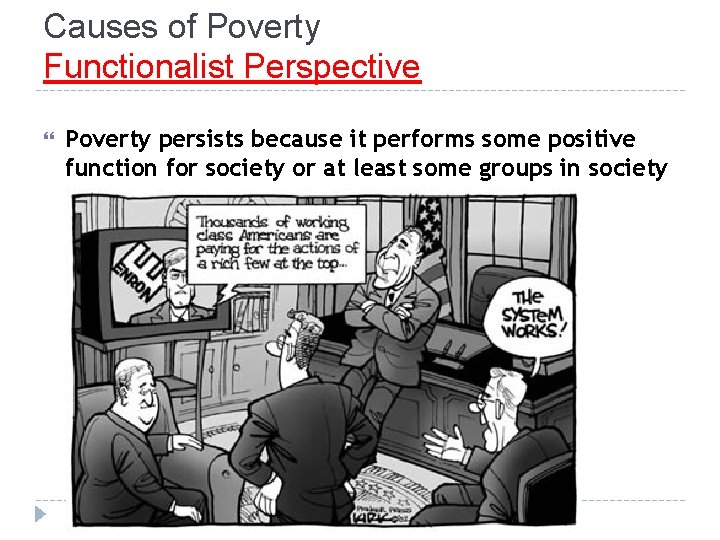 Causes of Poverty Functionalist Perspective Poverty persists because it performs some positive function for