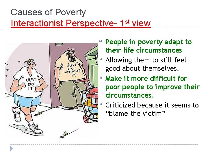 Causes of Poverty Interactionist Perspective- 1 st view People in poverty adapt to their
