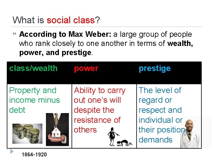 What is social class? According to Max Weber: a large group of people who