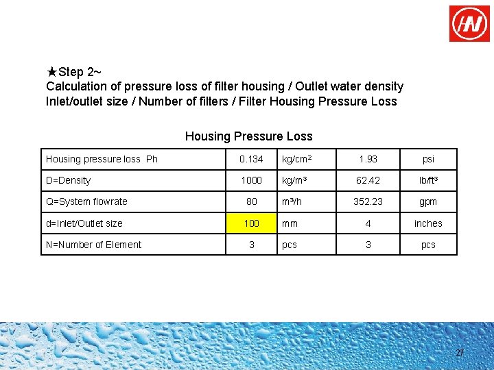 ★Step 2~ Calculation of pressure loss of filter housing / Outlet water density Inlet/outlet
