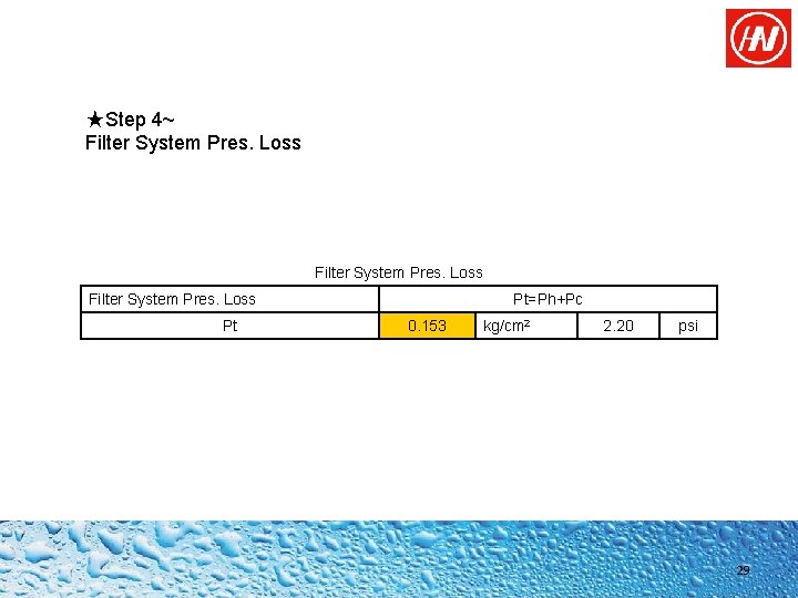 ★Step 4~ Filter System Pres. Loss Pt Pt=Ph+Pc 0. 153 kg/cm 2 2. 20