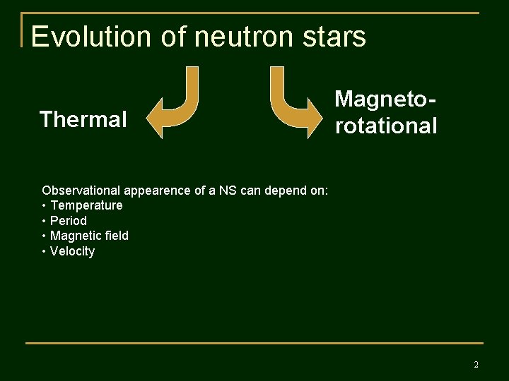 Evolution of neutron stars Thermal Magnetorotational Observational appearence of a NS can depend on: