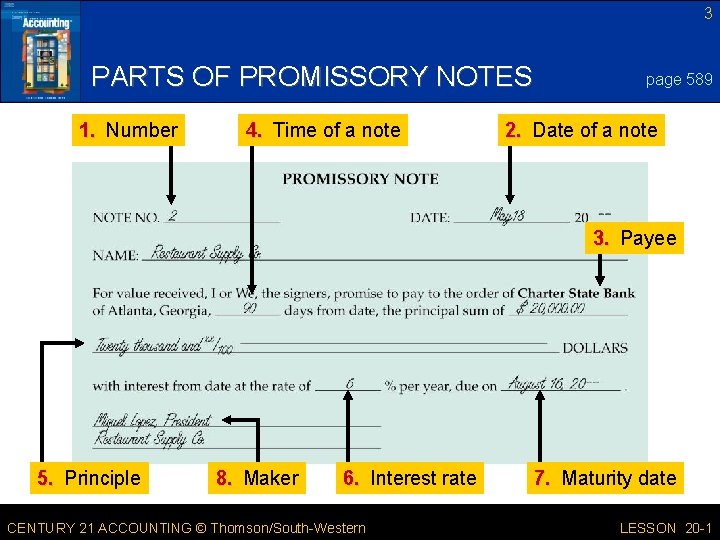 3 PARTS OF PROMISSORY NOTES 1. Number 4. Time of a note page 589