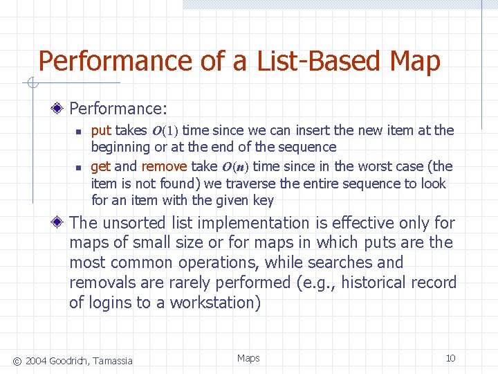 Performance of a List-Based Map Performance: n n put takes O(1) time since we