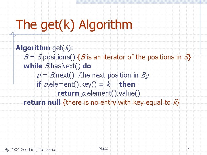 The get(k) Algorithm get(k): B = S. positions() {B is an iterator of the