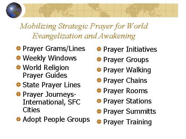 Mobilizing Strategic Prayer for World Evangelization and Awakening Prayer Grams/Lines Weekly Windows World Religion