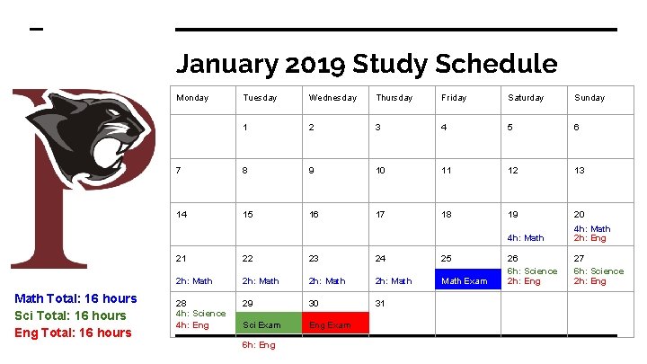 January 2019 Study Schedule Monday Math Total: 16 hours Sci Total: 16 hours Eng