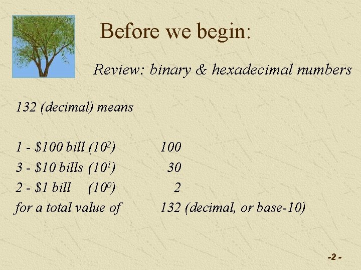 Before we begin: Review: binary & hexadecimal numbers 132 (decimal) means 1 - $100