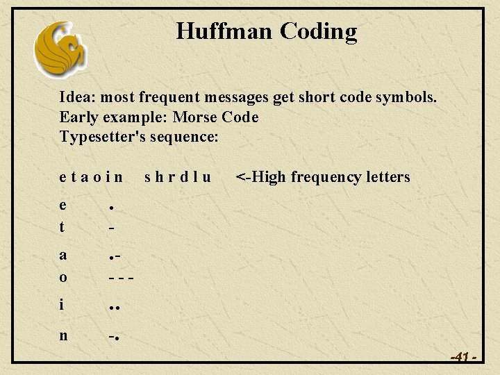 Huffman Coding Idea: most frequent messages get short code symbols. Early example: Morse Code