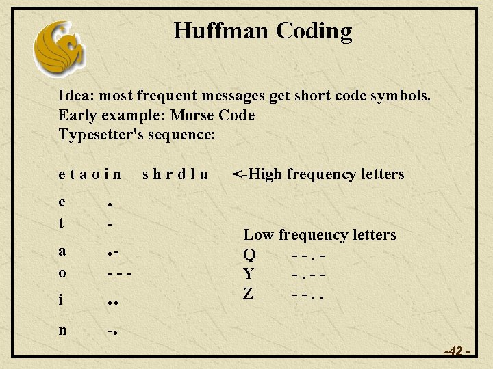 Huffman Coding Idea: most frequent messages get short code symbols. Early example: Morse Code