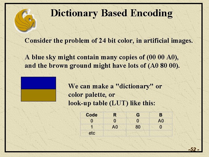 Dictionary Based Encoding Consider the problem of 24 bit color, in artificial images. A