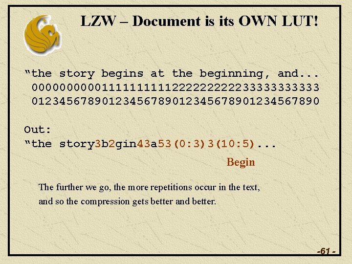 LZW – Document is its OWN LUT! “the story begins at the beginning, and.