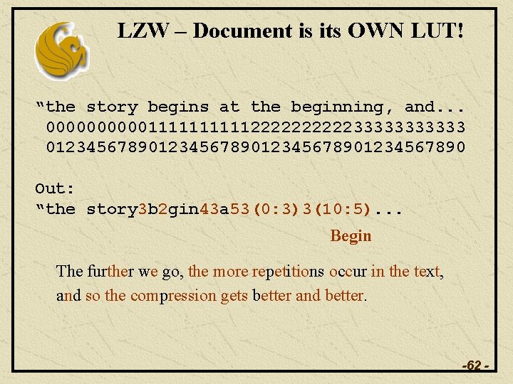 LZW – Document is its OWN LUT! “the story begins at the beginning, and.