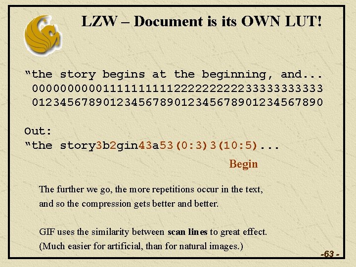 LZW – Document is its OWN LUT! “the story begins at the beginning, and.