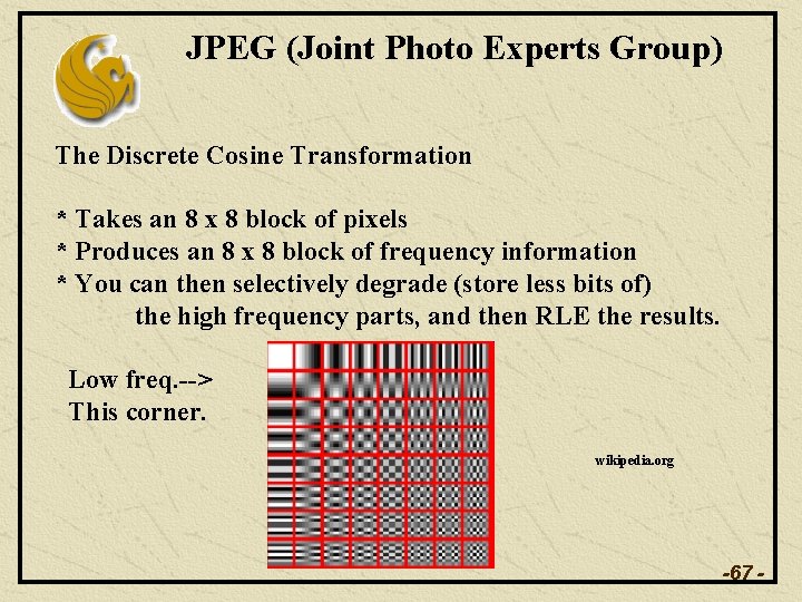 JPEG (Joint Photo Experts Group) The Discrete Cosine Transformation * Takes an 8 x