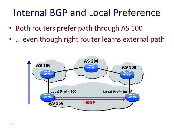 Internal BGP and Local Preference • Both routers prefer path through AS 100 •