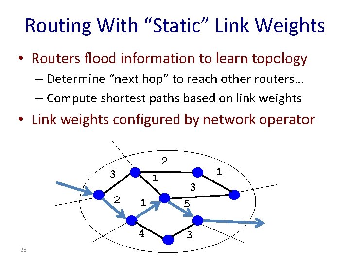 Routing With “Static” Link Weights • Routers flood information to learn topology – Determine